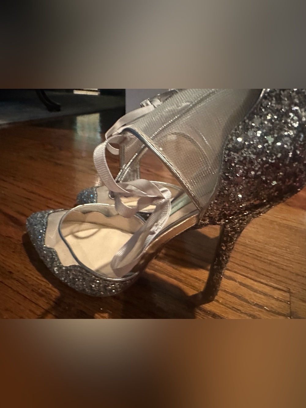 Betsey Johnson Silver Glitter High Heel Sandals with Satin Ribbon 7.5